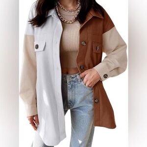 Colorblock Ribbed Button-Up Shacket - Brown, Cream & White